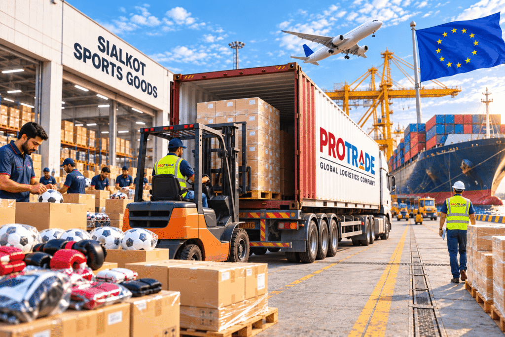 Sialkot Sports Goods Freight Forwarder Europe with ProTrade handling container loading, export cargo and sea freight from Pakistan.